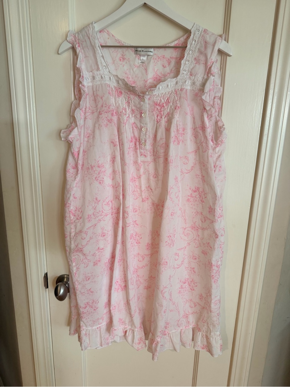 Miss Elaine White and Pink Floral Cotton Nightgown with Lace Trim